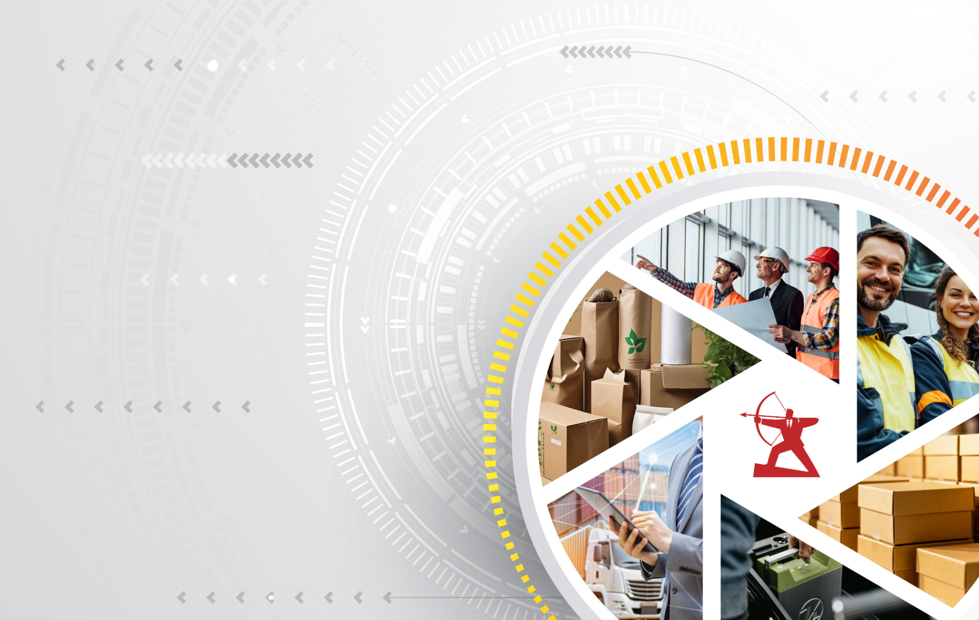 Collage of Archer Venture businesses: construction crews, packaging, logistics, and automotive batteries